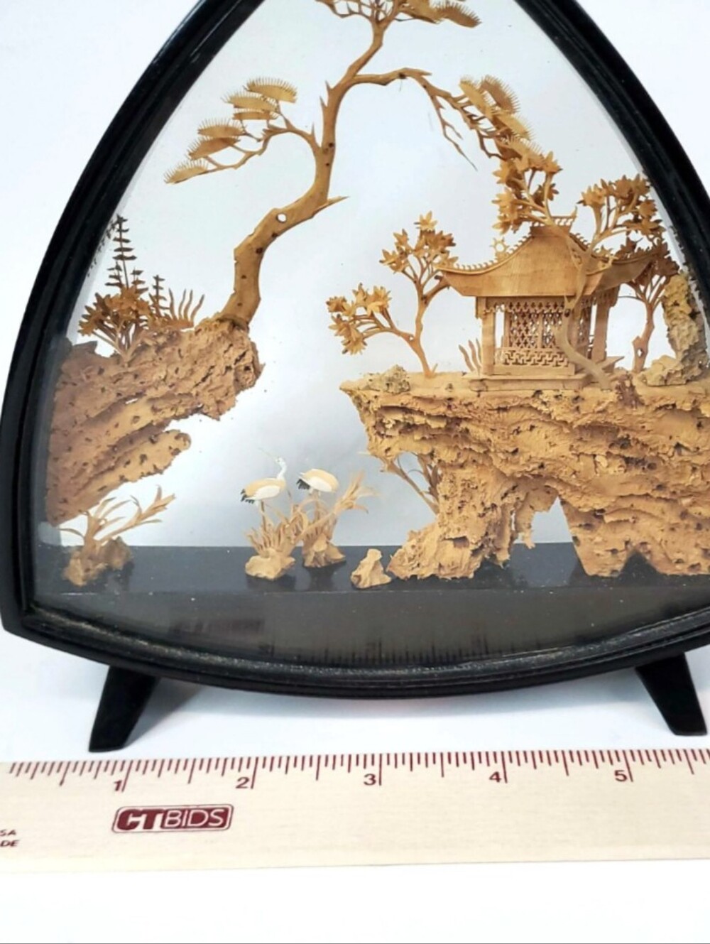 Vintage Chinese Cork Carving Art Diorama Pagoda Crane Triangular Framed Decor - Picture 8 of 8